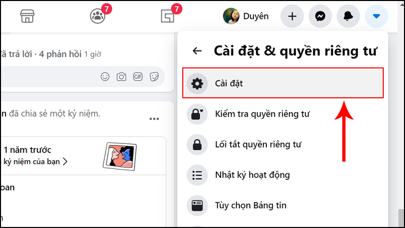 Chọn mục cài đặt