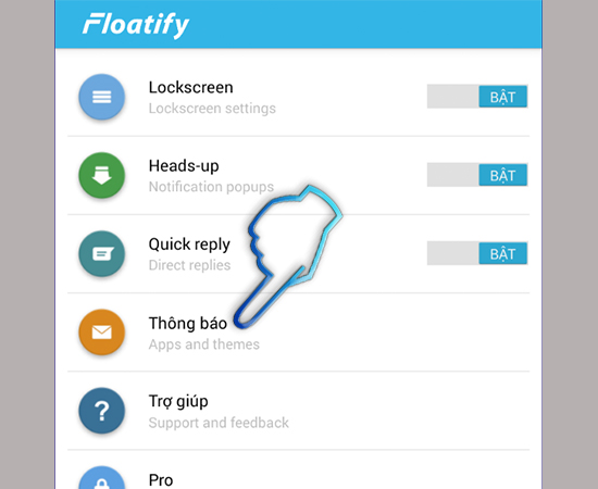 Mở ứng dụng Floatify Lockscreen -> Chọn Thông báo.