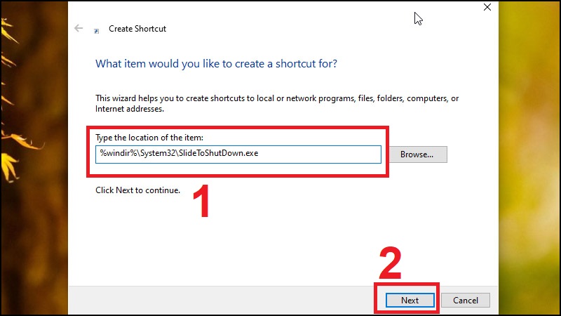 Bước 2: Nhập lệnh tạo Shortcut