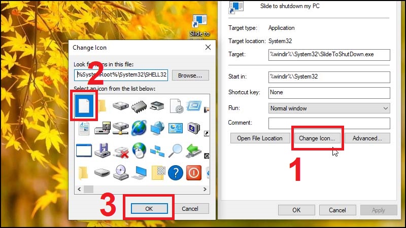 Chọn Change Icon > Lựa chọn biểu tượng mới > Chọn OK.