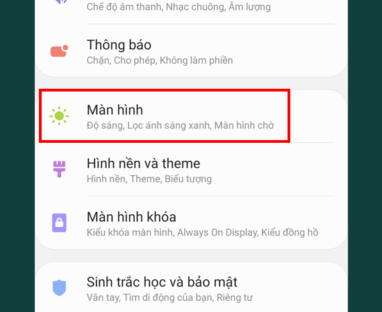 Bước 2: Chọn Màn hình.