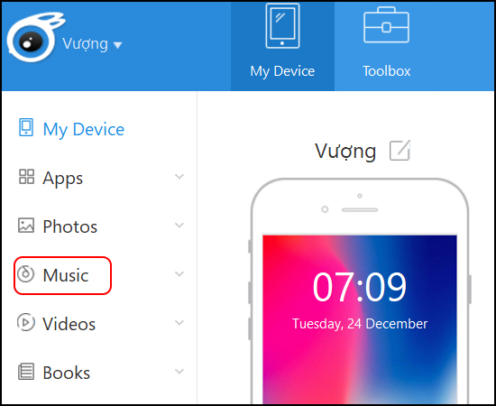 Bước 1:Đầu tiên bạn mở iTools đã kết nối với iPhone > Music nếu bạn muốn copy nhạc, chọn Videos nếu bạn muốn copy video.