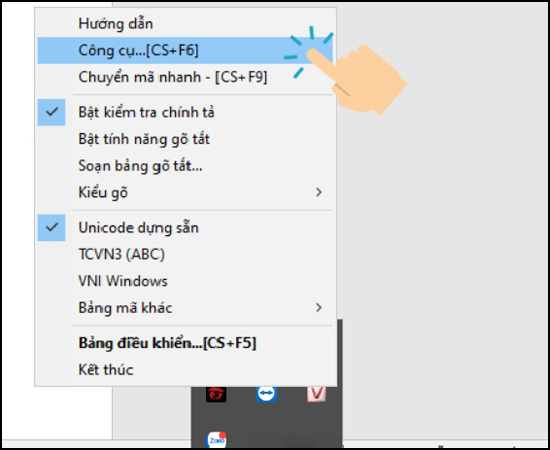 kích chuột phải vào biểu tượng Unikey và chọn Công cụ...[CS+F6] hoặc nhấn tổ hợp phím ctrl+shift+F6 để mở công cụ