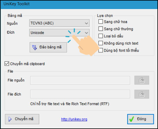 Ở phần đích chọn bảng mã mà bạn muốn chuyển đổi.