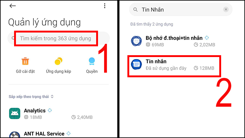 Tại mục Quản lý ứng dụng, bạn nhập Tin nhắn tại ô tìm kiếm > Chọn ứng dụng Tin nhắn.
