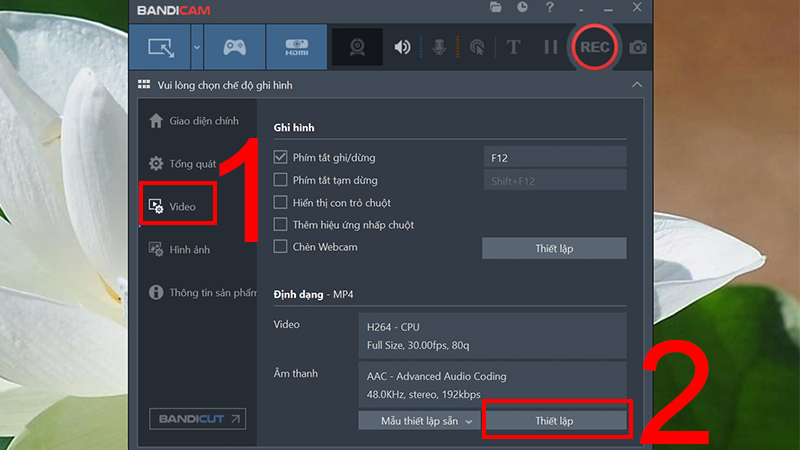 Trong phần mềm Bandicam chọn thiết lập video