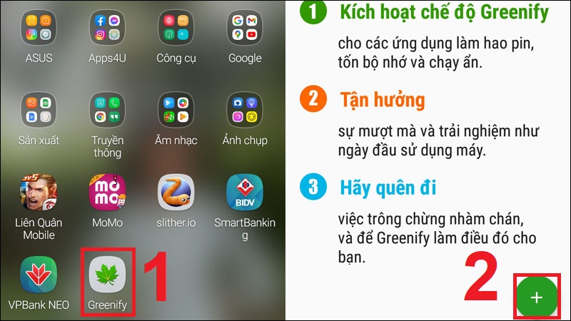 Truy cập vào ứng dụng Greenify và chọn vào biểu tượng dấu 'Cộng'