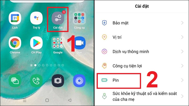 Vào phần Cài đặt trên điện thoại OPPO và chọn mục Pin