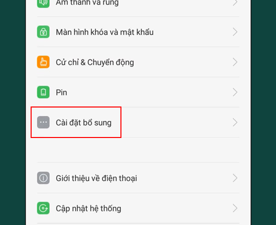 Bước 1: Vào Cài đặt > Chọn Cài đặt bổ sung.