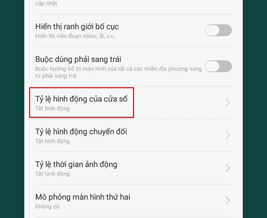 Bước 4: Tại đây, bạn chọn vào Tỷ lệ hình động của cửa sổ.