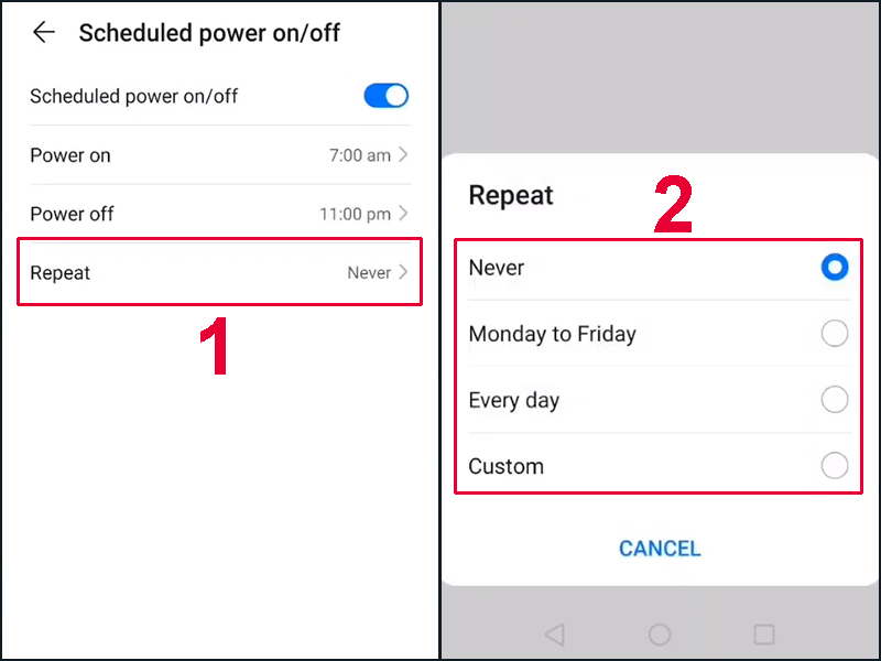 Hãy chọn số lần lặp lại tính năng hẹn giờ bật/tắt máy