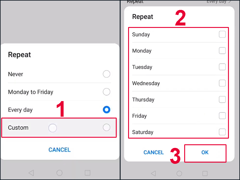 Bạn có thể chọn bất cứ thời gian lặp lại bạn muốn trong mục Custom