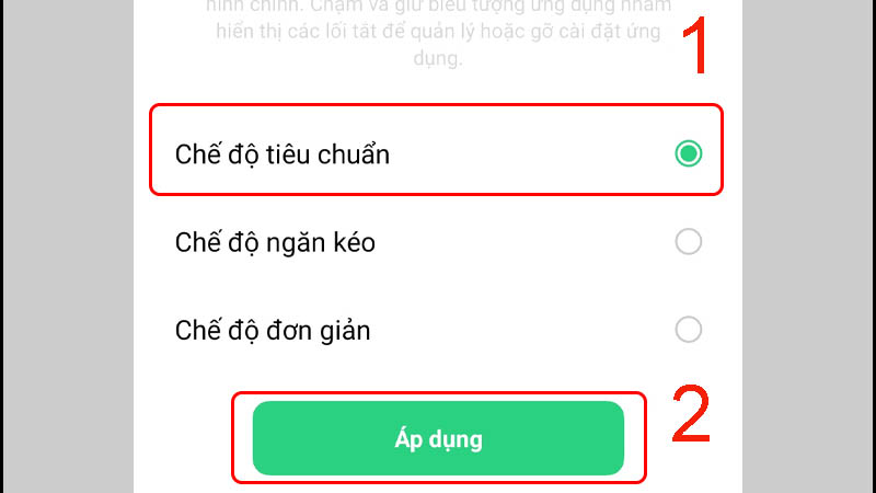 Chọn Chế độ tiêu chuẩn rồi nhấn Áp dụng