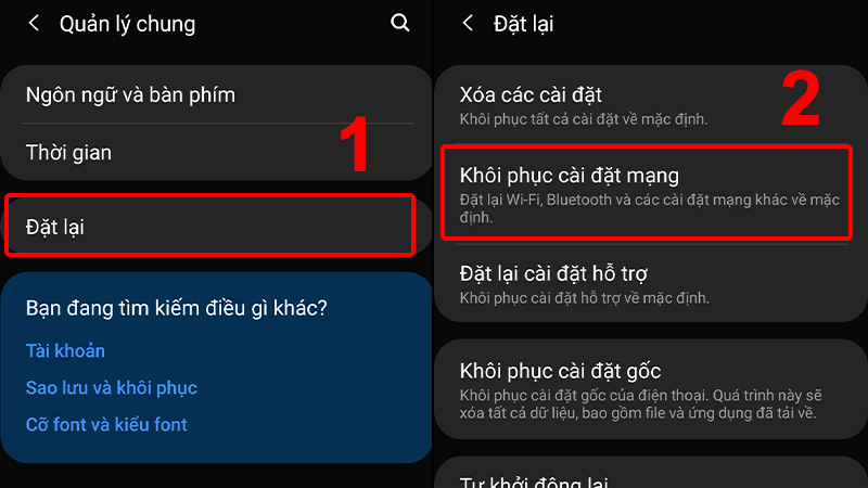 Nhấn Đặt lại và chọn Khôi phục cài đặt gốc