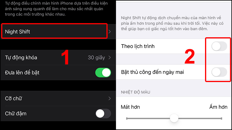 Nhấn vào Night Shift và gạt công tắt để tắt 2 chế độ