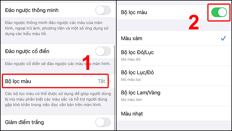 Vào Chọn bộ lọc màu và gạt sang phải để bật chế độ