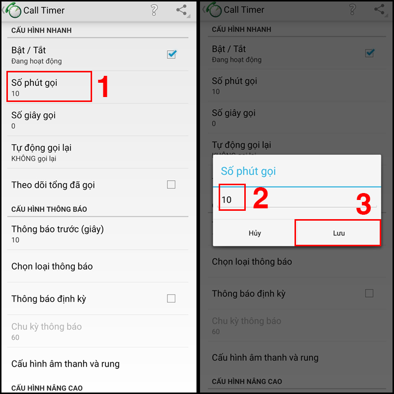Cài đặt thời gian cuộc gọi