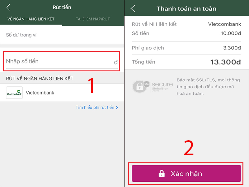 Nhập số tiền và xác nhận lại