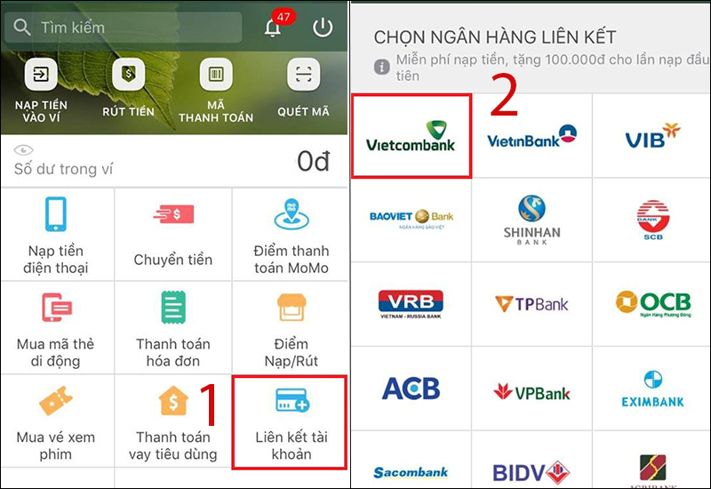 Liên kết Ví MoMo với Ngân hàng Vietcombank