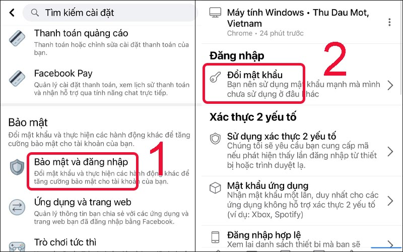 Chọn Bảo mật và đăng nhập và chọn đổi mật khẩu