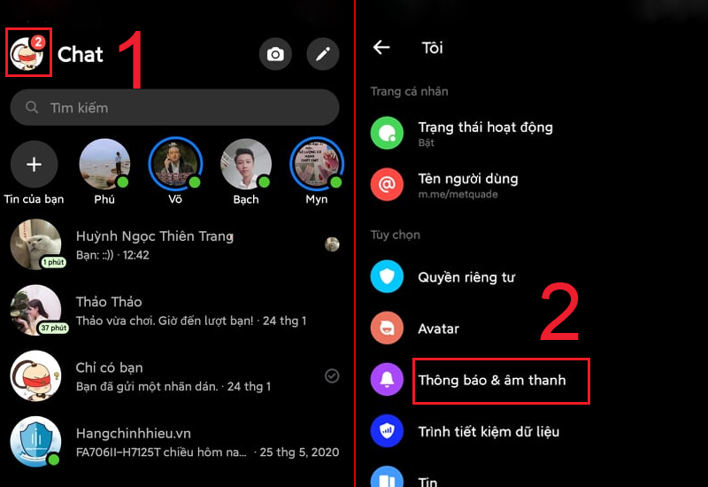 Chọn mục Thông báo & âm thanh trong Messenger