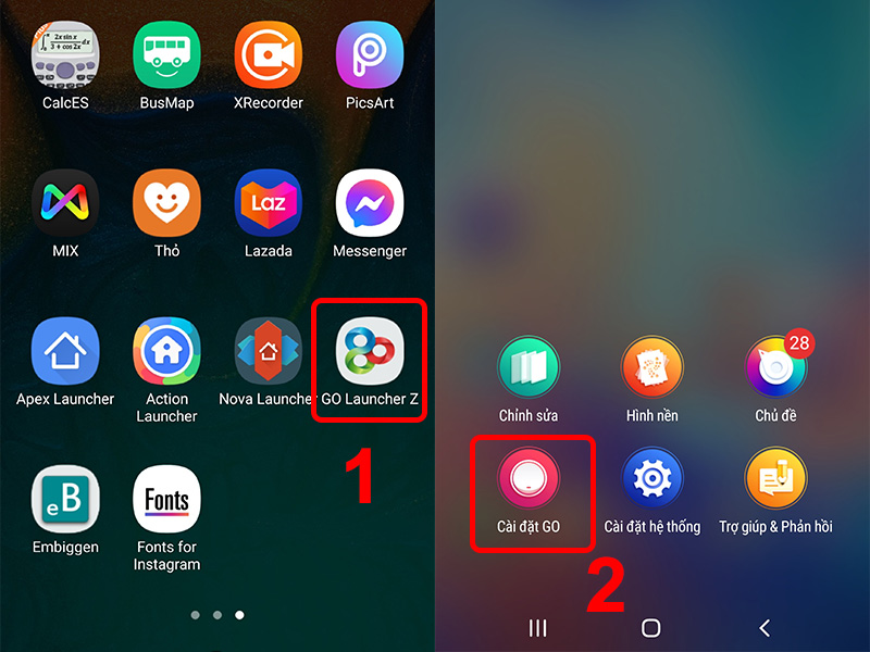 Nhấn vào ứng dụng Go Launcher và chọn Cài đặt GO