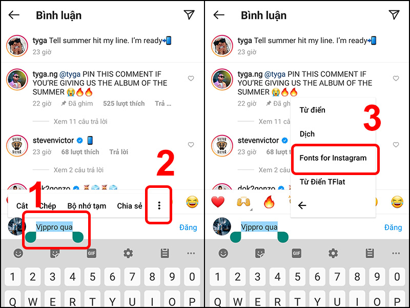 Bôi đen dòng comment nhấn vào dấu Ba chấm và chọn Cool Fonts for Instagram.