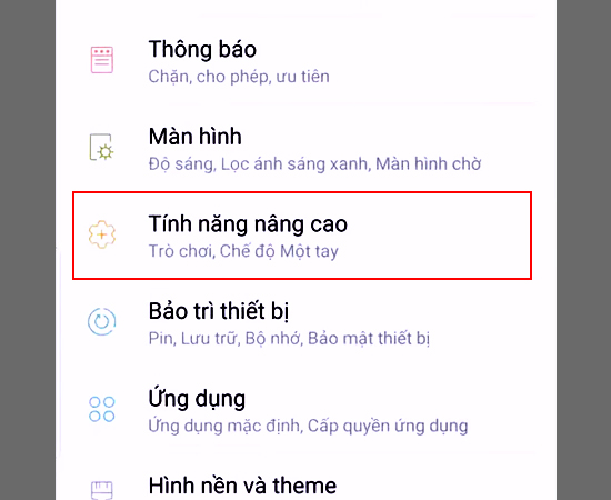 Bước 1: Vào Cài đặt > Chọn Tính năng nâng cao.