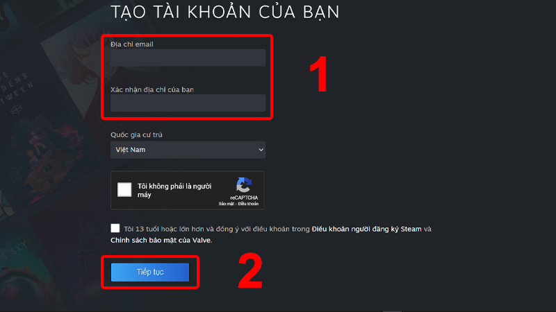 Tạo tài khoản Steam