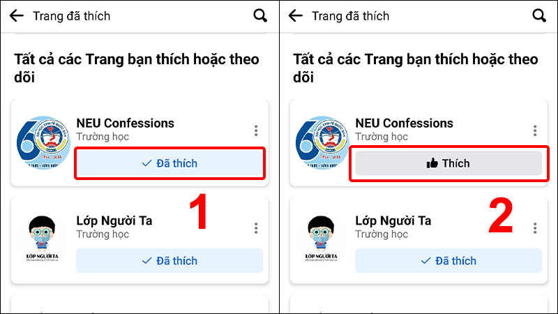 Chạm vào mục Đã thích để bỏ thích trang trên Facebook