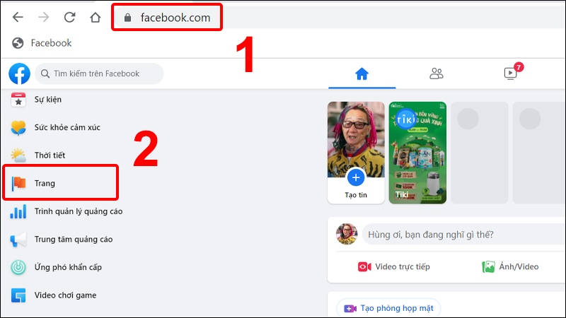 Vào Facebook trên trình duyệt và nhấn vào Trang