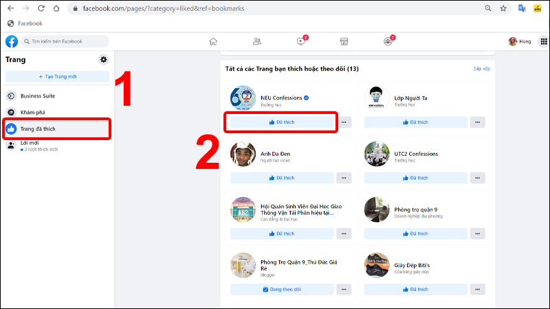 Chọn Trang đã thích sau đó click và Đã thích để bỏ thích trang
