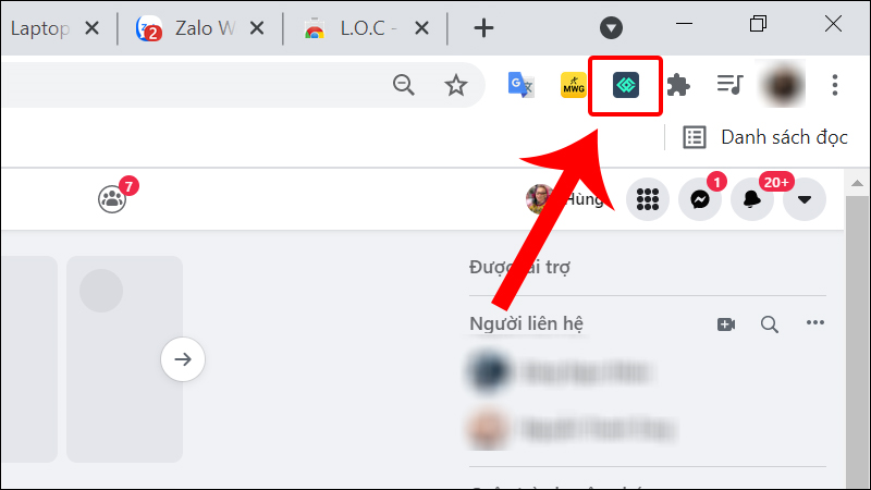 Đăng nhập Facebook và click vào biểu tượng của tiện ích ở phía trên trình duyệt