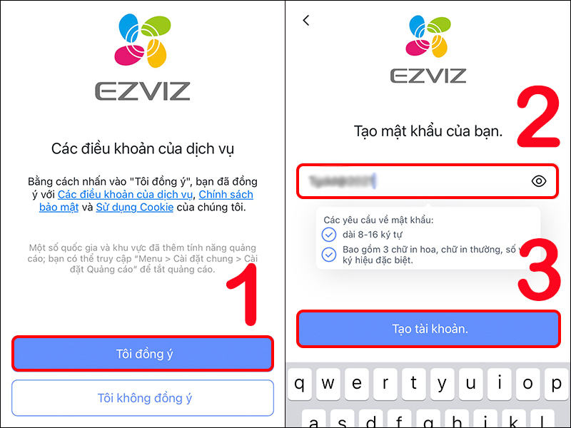 Đồng ý với điều khoản của EZVIZ và tạo mật khẩu