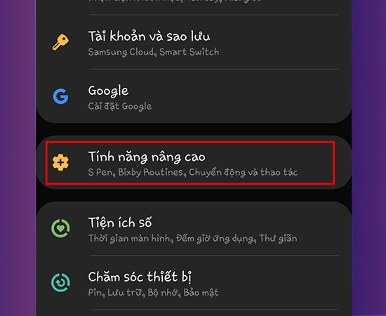 Chọn Tính năng nâng cao