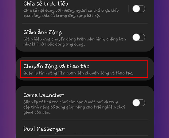 Chọn Chuyển động và thao tác