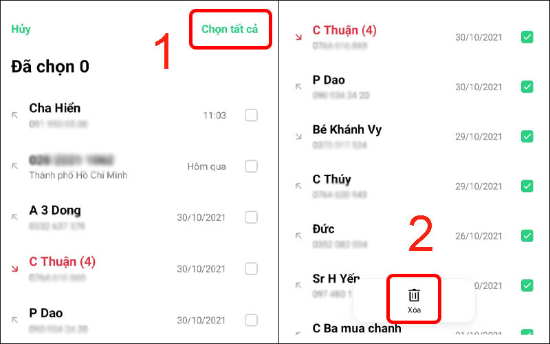 Nhấn Chọn tất cả rồi chọn Xóa để xóa toàn bộ nhật ký cuộc gọi