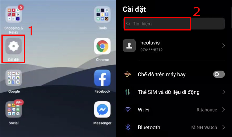 Truy cập vào Cài đặt click vào Tìm kiếm