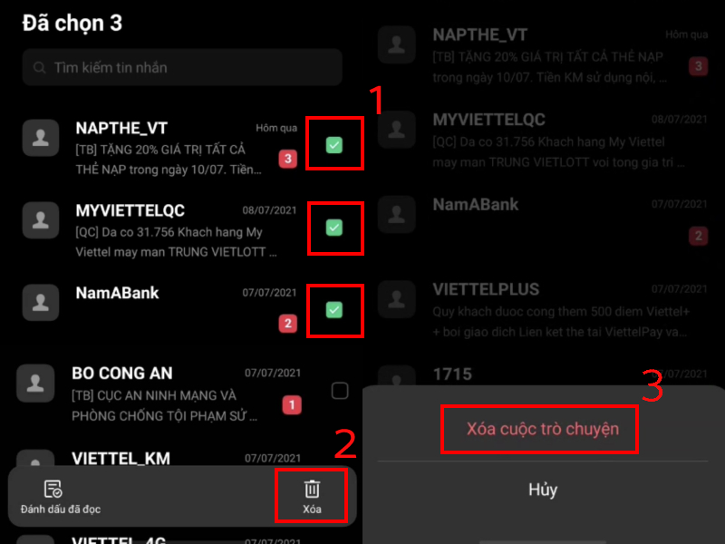 Tick vào những tin nhắn muốn xóa và chọn Xóa