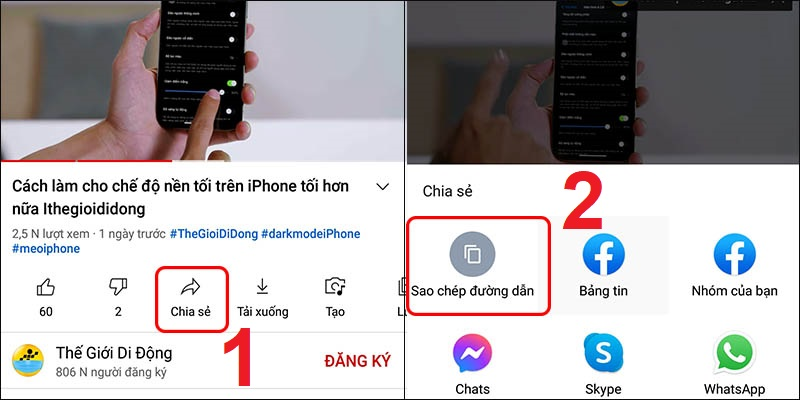 Vào ứng dụng YouTube và sao chép đường dẫn