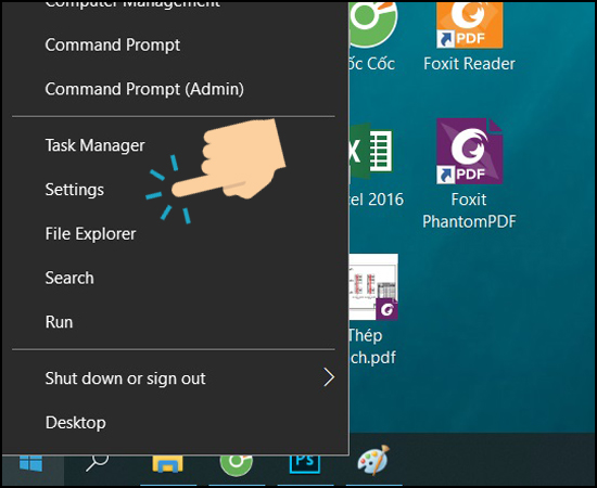 Kích chuột phải vào nút Windows và vào mục Settings