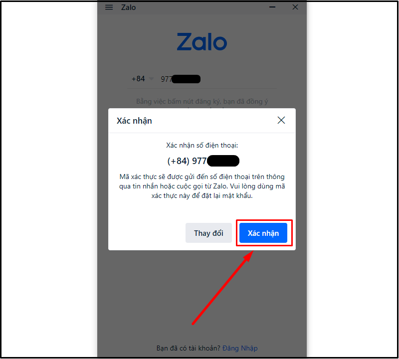Bấm Xác nhận để nhận mã OTP xác thực số điện thoại