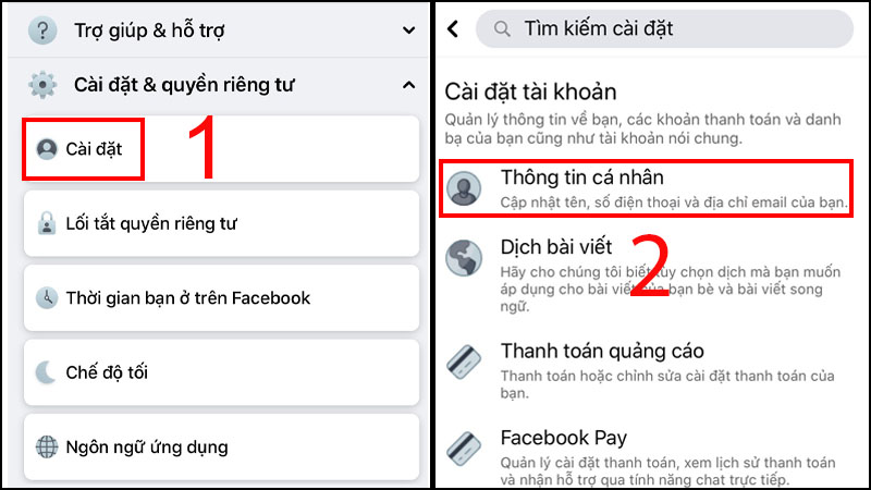 Phần thông tin cá nhận trong cài đặt