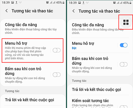 Bước 3: Sau khi thực hiện bước 2, bạn sẽ thấy mục Menu hỗ trợ và hãy bật nó lên.