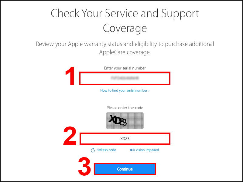 Nhập serial, mã code và nhấn Continue để kiểm tra máy có chính hãng hay không
