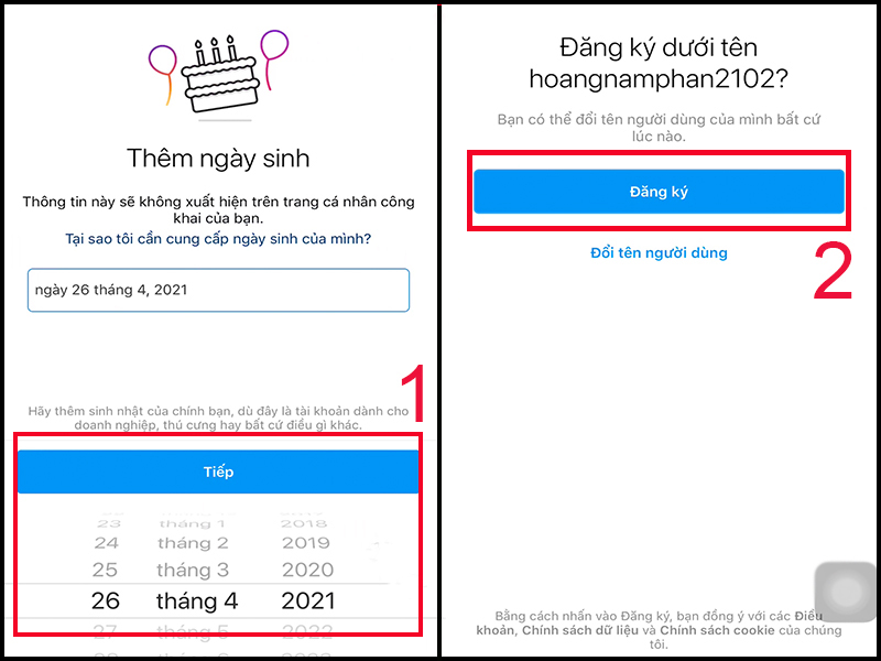 Điền ngày tháng năm sinh và xác nhận đăng ký