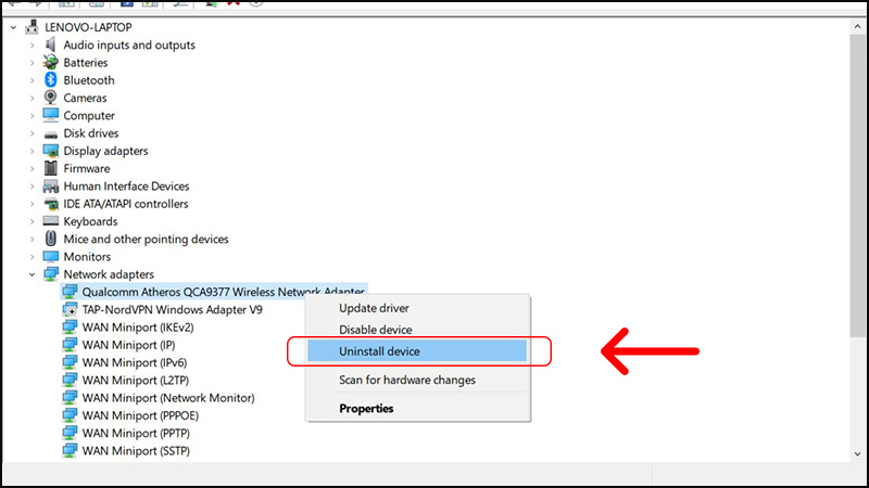 Chọn Uninstall Device tại Driver WiFi