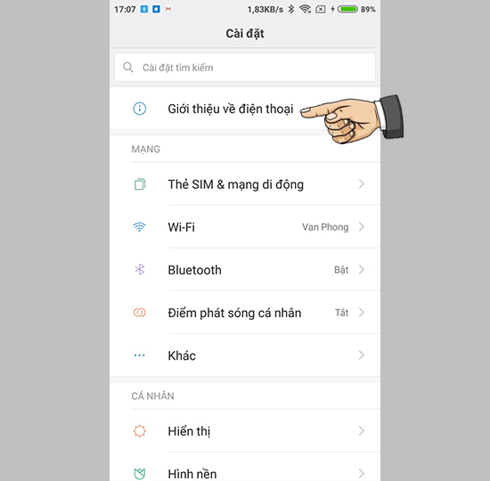 Vào cài đặt