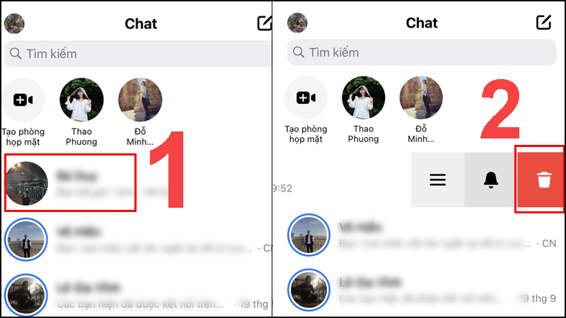 Vuốt tin nhắn cần xóa từ bên phải sang bên trái > Nhấn vào biểu tượng thùng rác màu đỏ