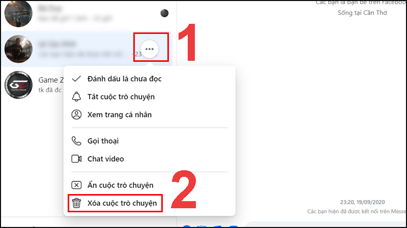 Nhấn vào biểu tượng 3 chấm ngang > Chọn Xóa cuộc trò chuyện